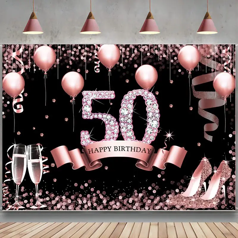 

Rose Gold Happy 50th Birthday Backdrop Women Glitter Diamonds High Heels Background Fifty Years Fabulous Party Decoration Banner