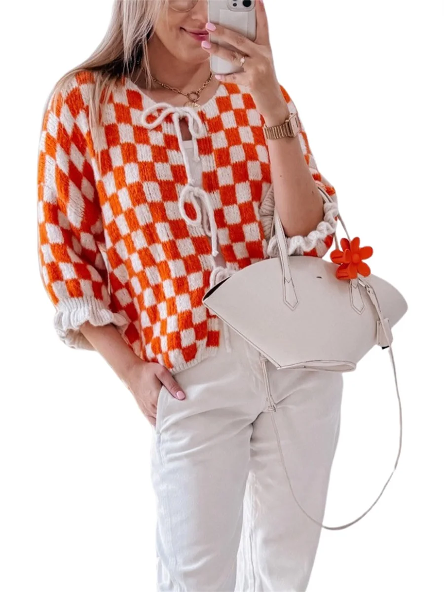 Women s Checkered Tie Front Cardigan Crew Neck Half Sleeve Tie-Up Knitted Sweater Casual Streetwear