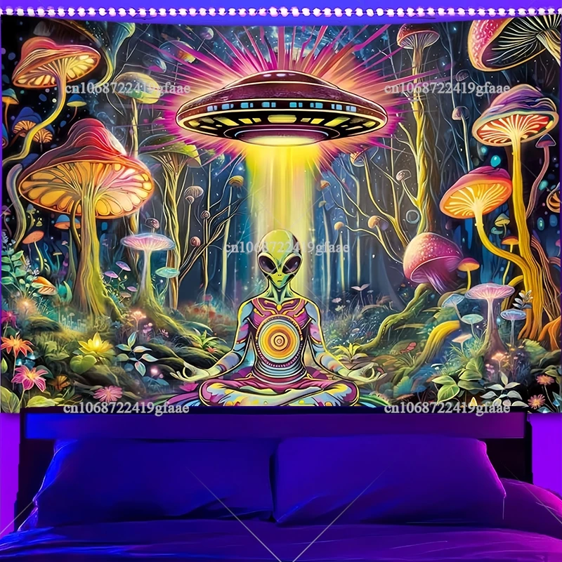 

Гобелен с изображением инопланетянина НЛО, черный свет, йога, медитация, УФ-реактивный светильник в темноте, грибные цветочные люминесцентные гобелены, настенные гобелены