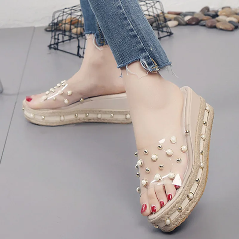 

Elegant Women's Sandals Candy Slippers Transparent Platform Sandal Slip-On Pearl Beach Wedges Jelly Shoes Clear Sandals Women