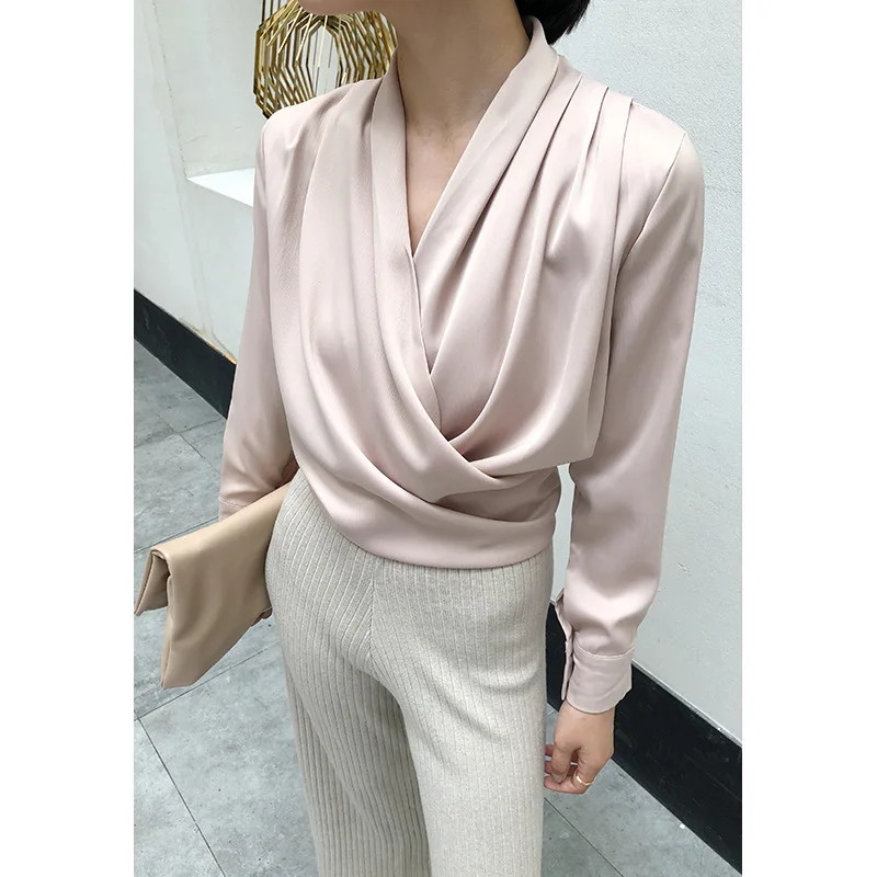 

Elegant Women Blouse Sexy V Neck Office Ladies Blouses Shirts Casual Solid Long Sleeve Spring Summer Female Party Tops 2XL