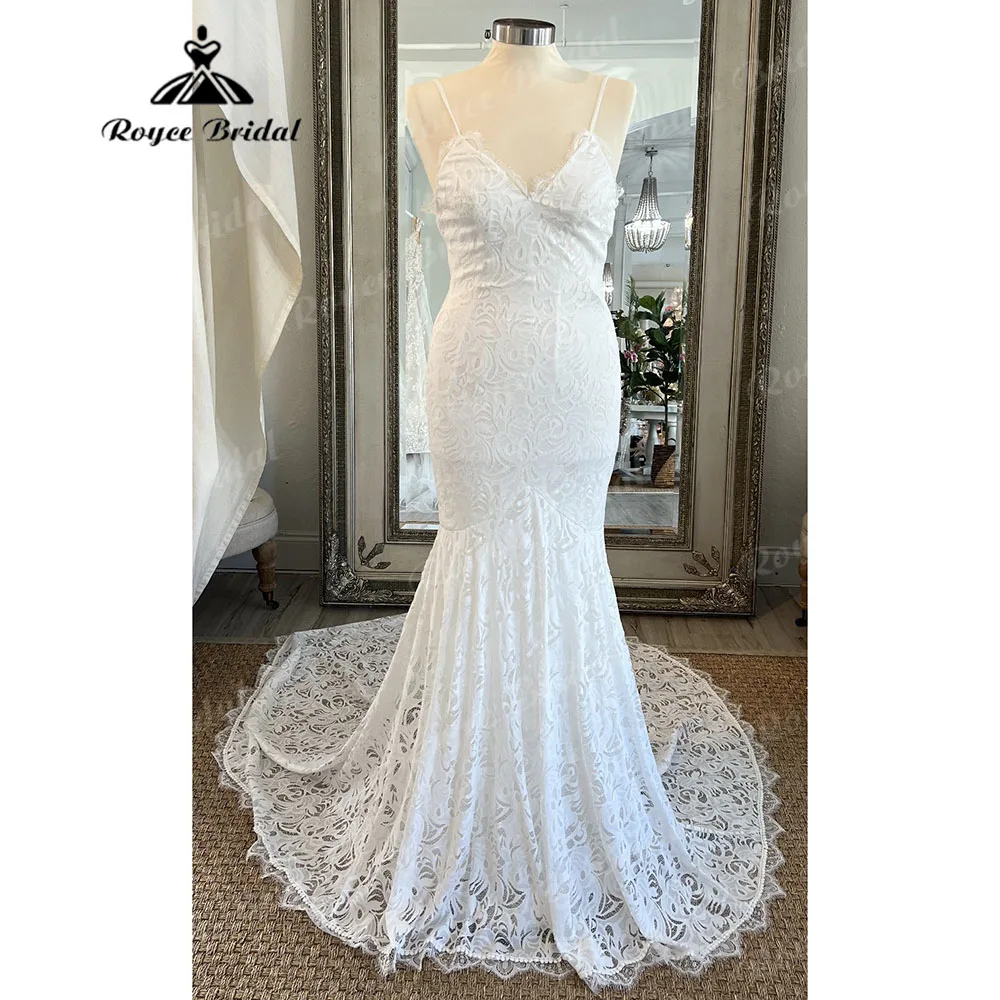 

Women Lace Mermaid/Trumpet Boho Open Back Wedding Dress with V Neck 2023 Spaghetti Straps Bridal vestido de boda corte sirena