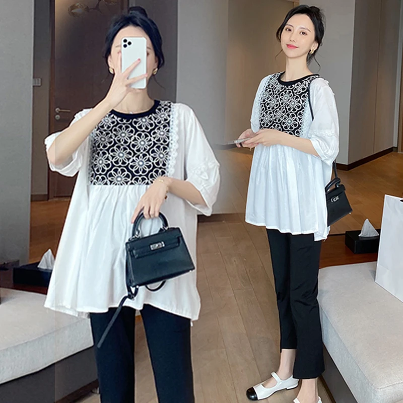 

2050# Summer Fashion Maternity Blouses Black Pants Sets OL Work Clothes for Pregnant Women Elegant Pregnancy Shirt Tops Suits