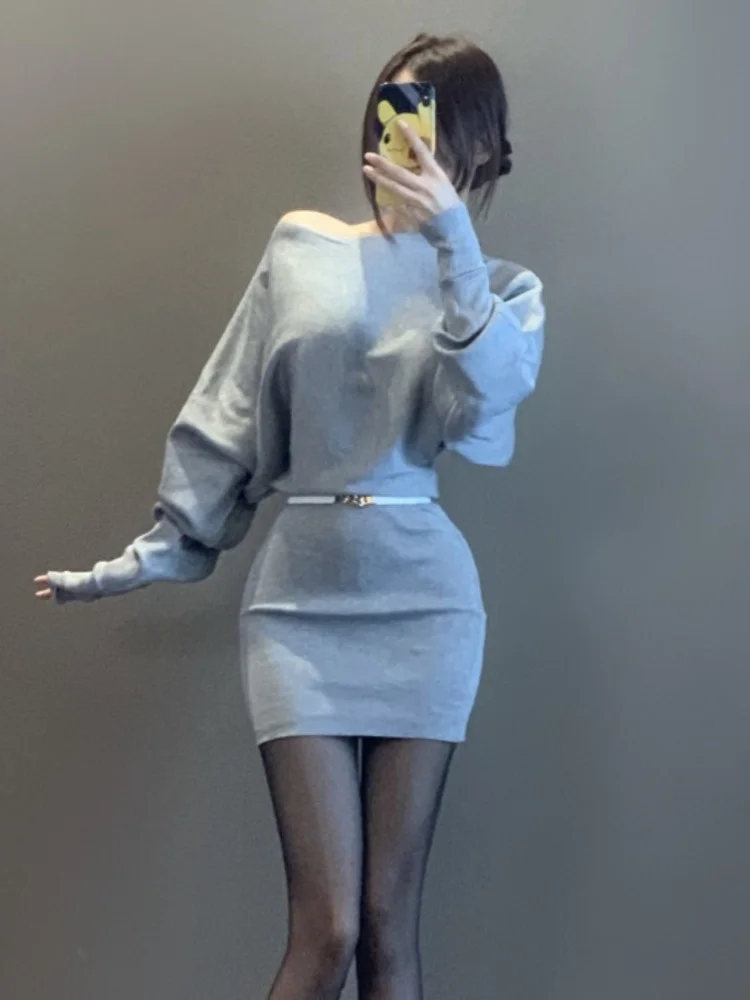 

Осеннее элегантное милое мини-платье, новое плотное теплое зимнее платье с рукавом летучая мышь и поясом, корейские облегающие эластичные п...