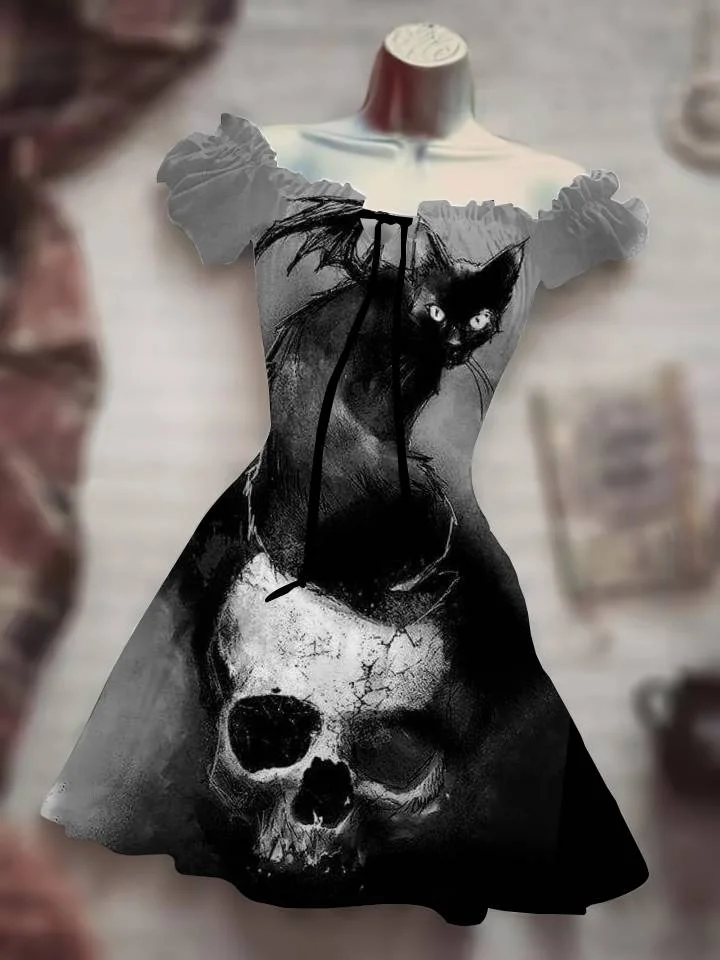 

2023 Horror Outdoor Black Cat Skull Halloween Outdoor Women's Ghost White Dress Hawaiian Bohemian Dress Black