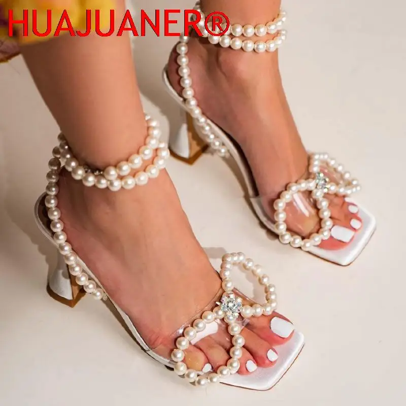 

Strappy Sandals Thin High Heels 2022 Summer Fashion Transparent PVC Rhinstone Butterfly Peep Toe Square Toe Party Woman Shoes