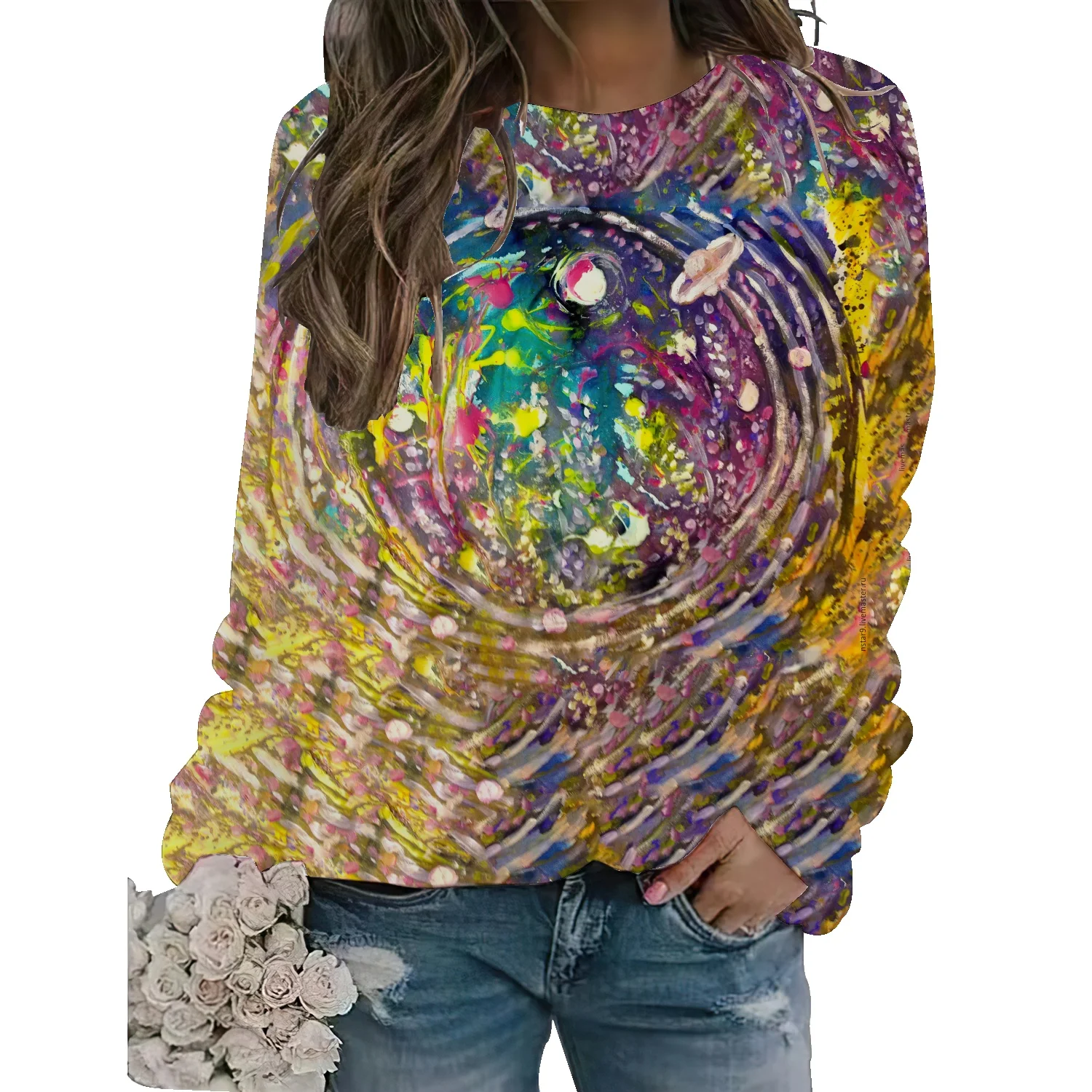 

American floral fashion wild round neck sweater autumn and winter new terry thick loose casual vibe wind top
