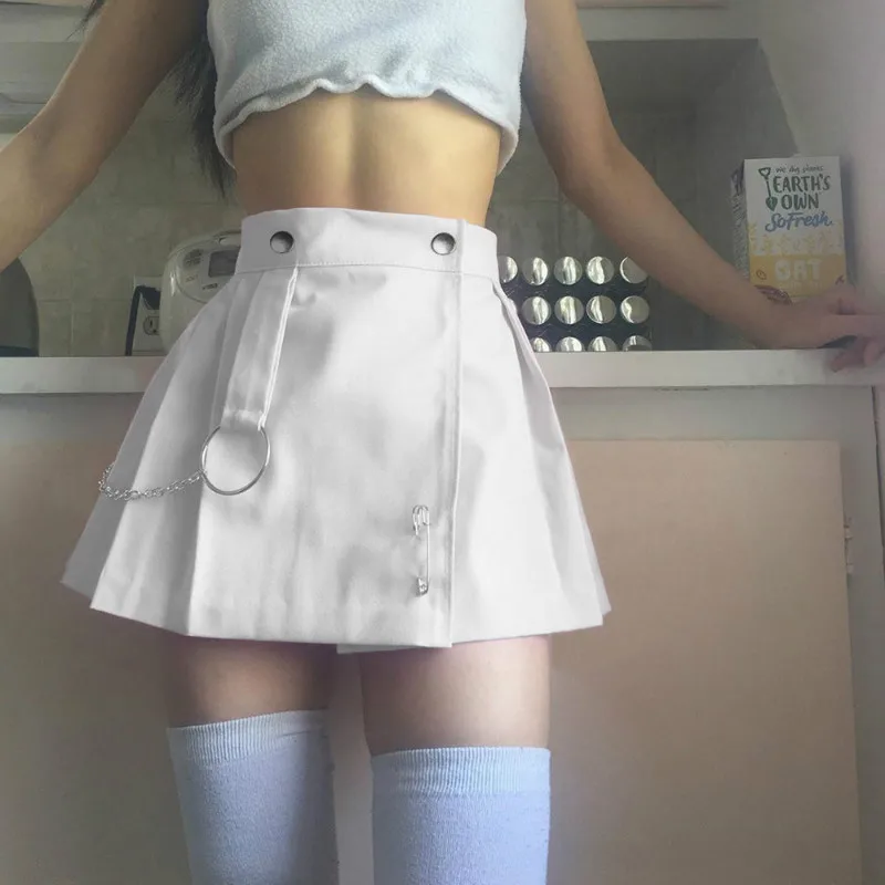 

Плиссированная мини-юбка составного кроя с высокой талией, клубный костюм с заклепками и цепочкой, черно-белая юбка для девочек, осенний костюм в стиле Харадзюку, Лолита, 2022