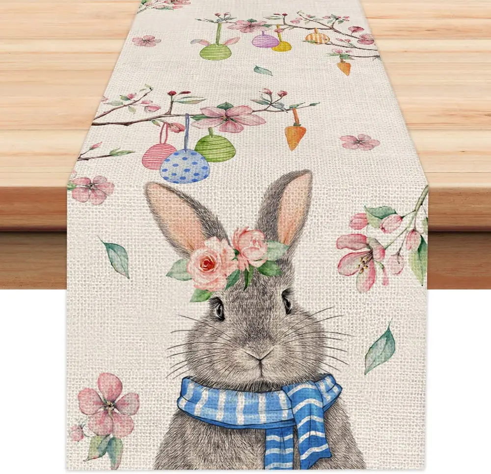 

Cute Easter Bunny Table Runner Peach Blossom Seasonal Spring Dining Table Decoration For Easter Theme Gathering Dinner Party