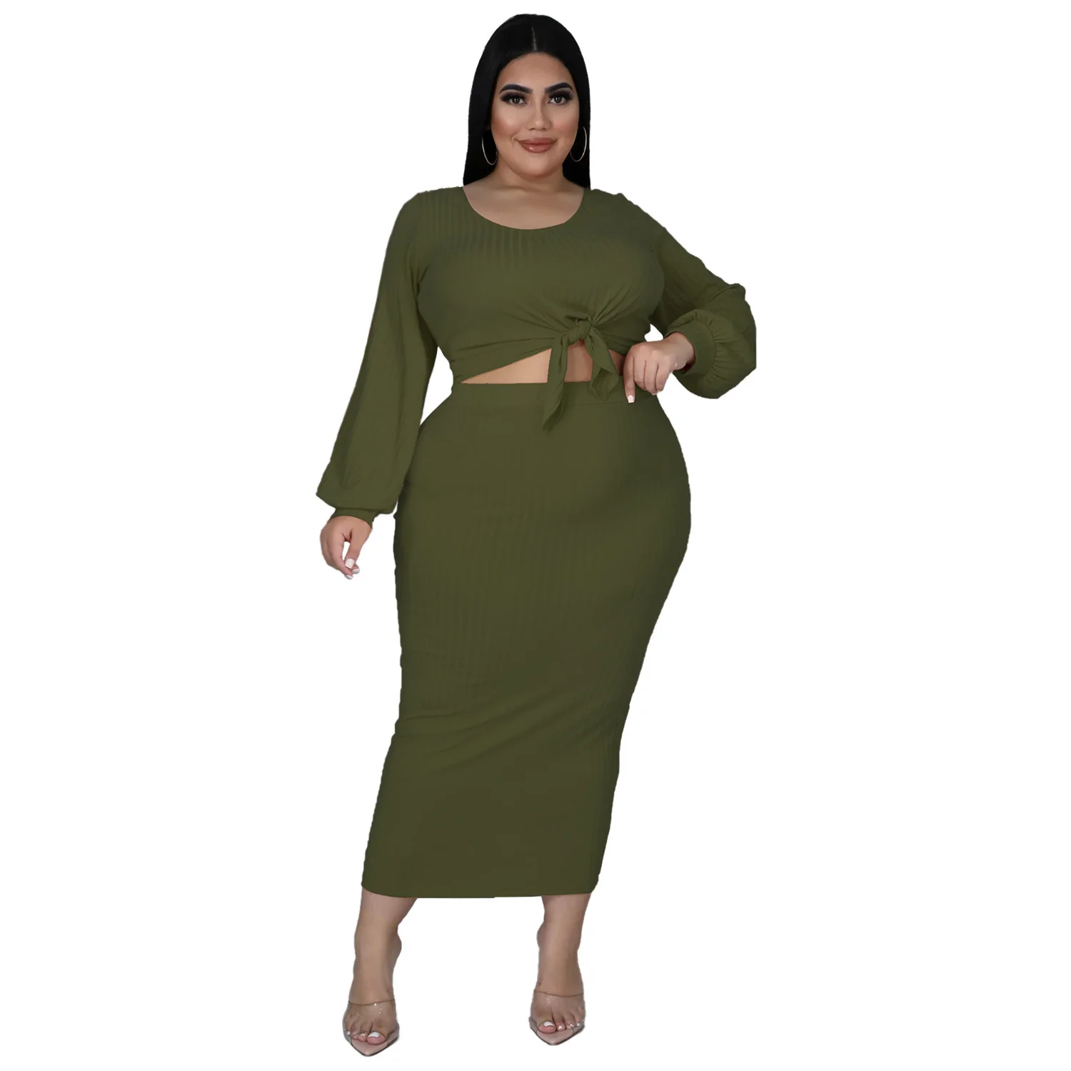

Two-piece Sets Plus Size Women's Clothing Fashion Lantern Sleeve Tops Half Skirt Casual Commuter Solid Color Outfits For Female