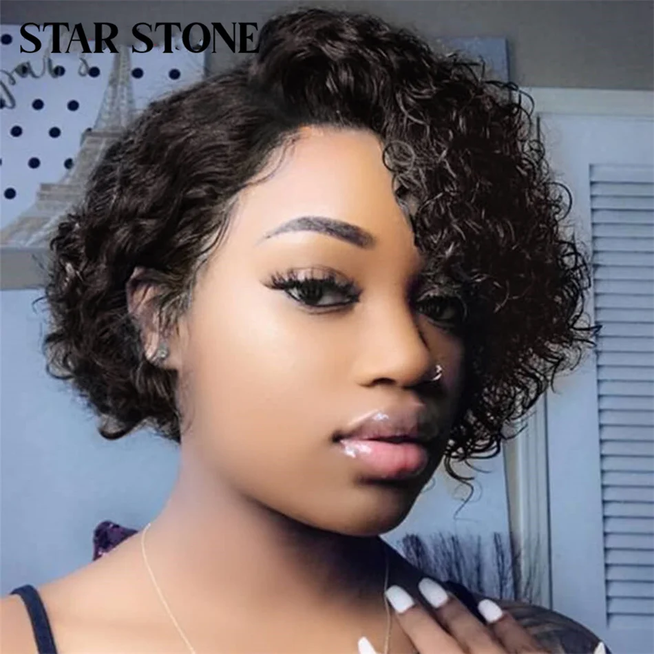 Short Kinky Curly Human Hair Wigs for Women Pixie Cut Side Part Brazilian Remy Hair None Lace Front Human Hair Natural Black