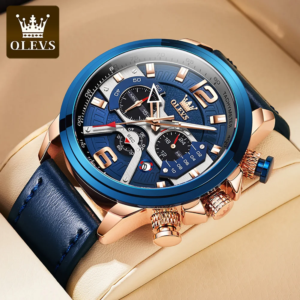 

OLEVS Casual Sport Watches for Men Blue Top Brand Luxury Military Leather Wrist Watch Man Tachymeter Chronograph Wristwatch 9915