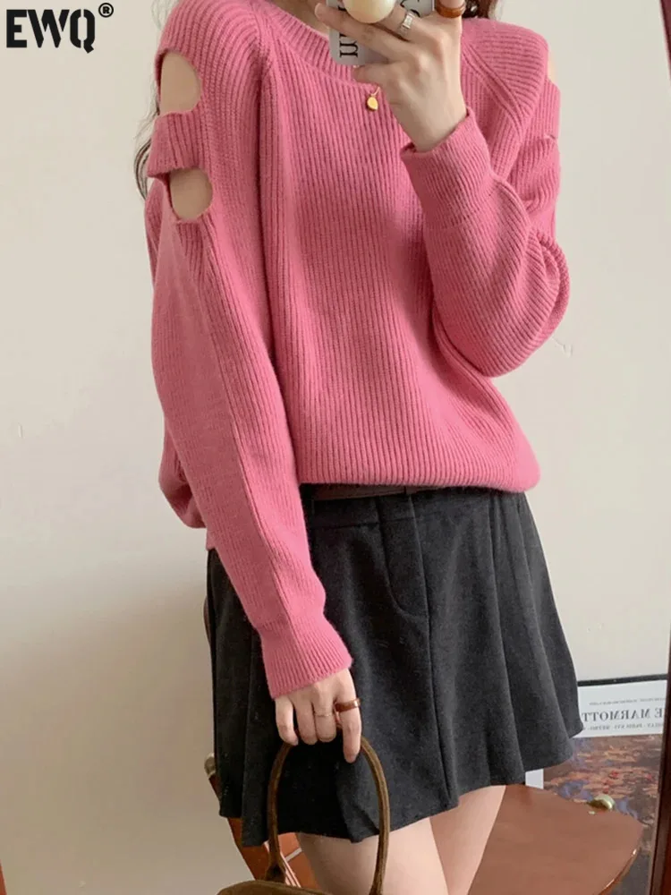 

[EWQ] Black Pink Gray Simple Sweet Warm Long Ripped Sleeve O Neck Pullover Women's Knitted Sweater 2023 Autumn Winter 16U5967