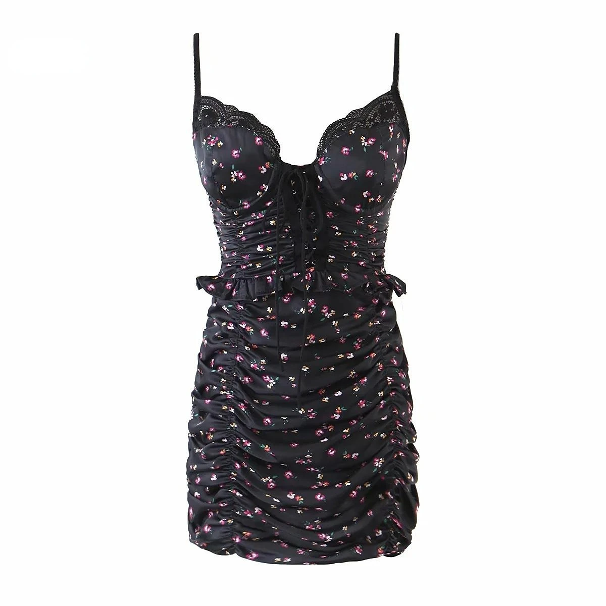 

Женское винтажное платье с оборками, облегающее привлекательное кружевное мини-платье на бретелях-спагетти с запахом, с V-образным вырезом, ...