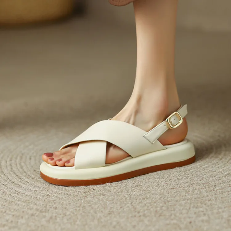 

2022 Beige Leather Women Sandals Chic Simple Style Platform Flats Sandalias Cross Strap Thick Sole Summer Shoes Lady Espadrilles