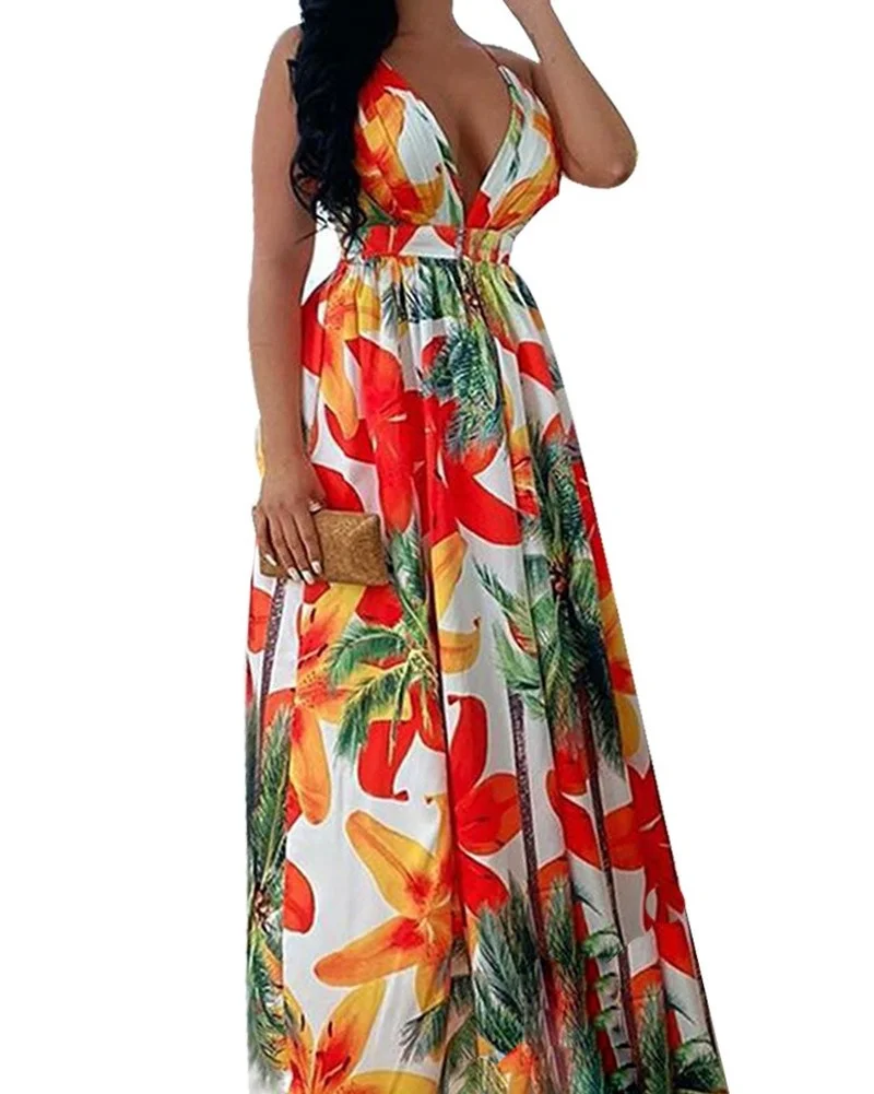 

New Fashion Slit Maxi Dresses for Women 2022 Fashion Printed Chiffon Dress Sexy Vacation Outfits