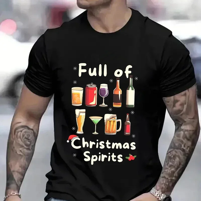 Funny Christmas Party T-Shirt Full of Spirits Tees Merry Xmas Drinking Beer Men Clothing Casual Short Sleeve Y2k Tops