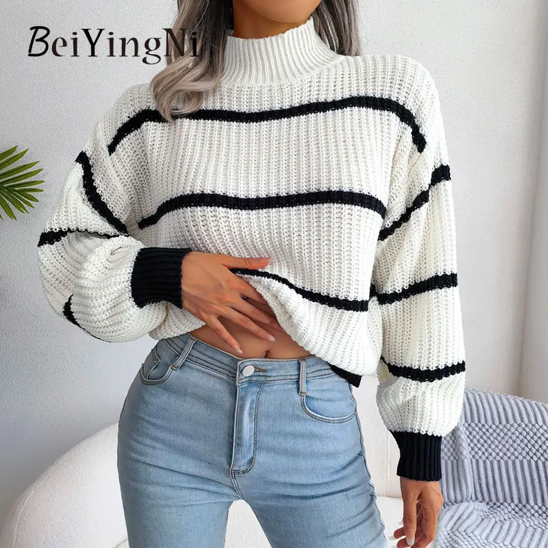 

Beiyingni 2022 Women's Striped Knitting Sweater Lantern Sleeve Half Turtleneck Female Pullover Autumn Winter Casual Loose Jumper