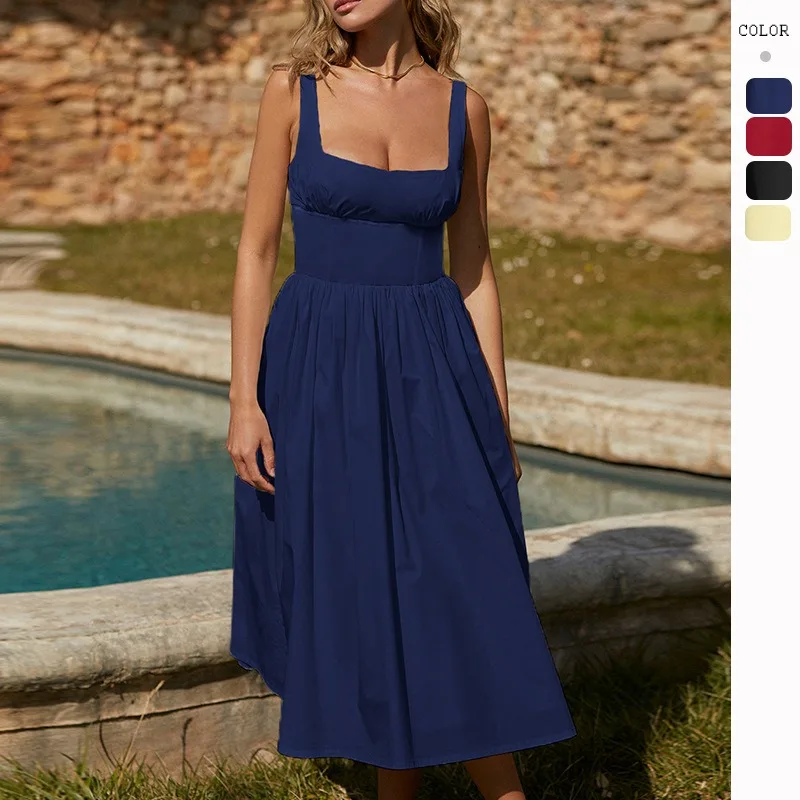 

2023 summer women's hot sale sleeveless sexy French high waist suspender dopamine wearing dress women