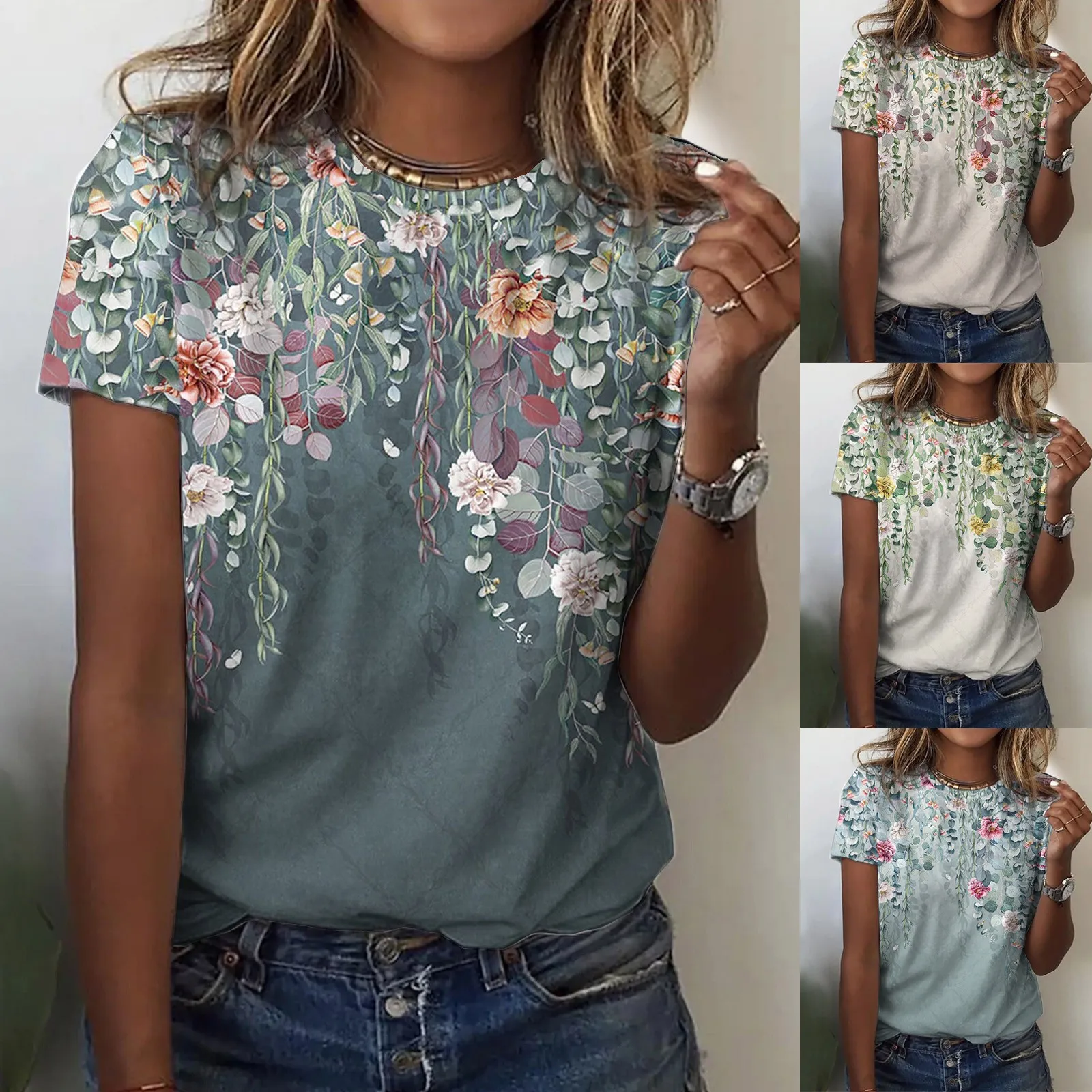 

Womens Daily Spring Boho Print O Neck Tank Tops Short Sleeve Workout Shirts Casual Loose Tees Cotton Spandex Tops
