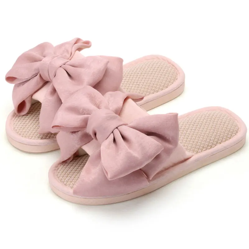 Shevalues Bow Slippers Women Fashion Autumn Home Soft Bottom Linen Slippers Indoor Outdoor Non-slip Flats New Comfortable Slides