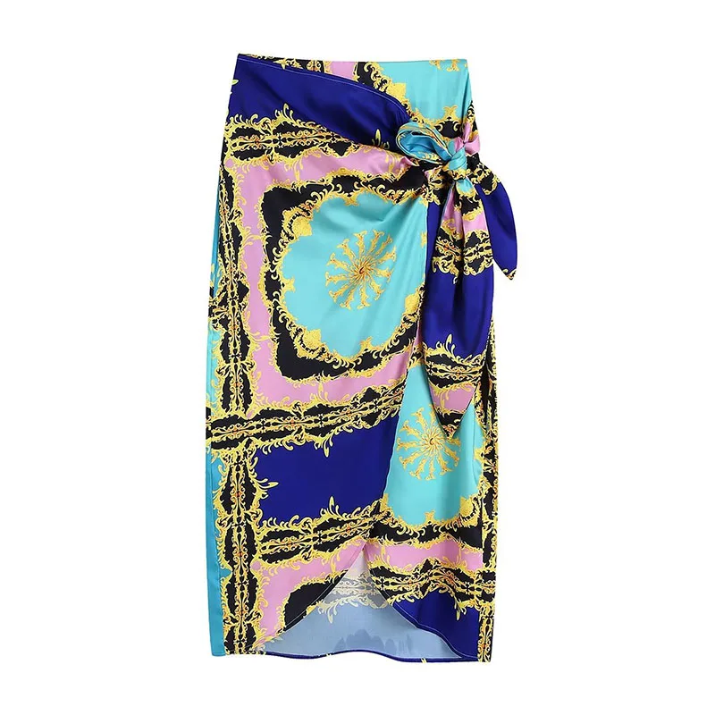 

ZATRHMBM 2022 New Fashion Retro Knotted Print Midi Skirt Asymmetrical Vintage A-Line Bohemia High-Waisted Skirts