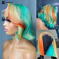 brazilian remy short bob human hair wig ombre mint green lace frontal wig 13x4 pre plucked orange blaze highlight lace wigs