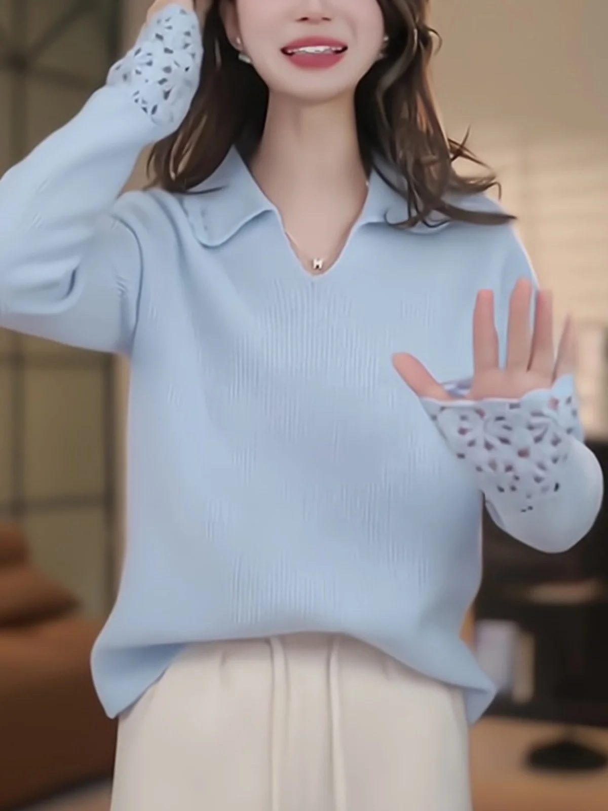 Плюс размер Design Sense Синий ажурный лоскутный вязаный крючком пуловер Вязаный