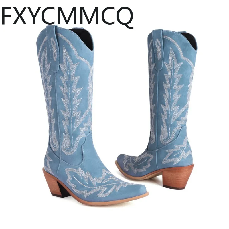 

FXYCMMCQ 2024 European and American Popular Embroidered Mid-calf Women’s Western Cowboy Boots S5639