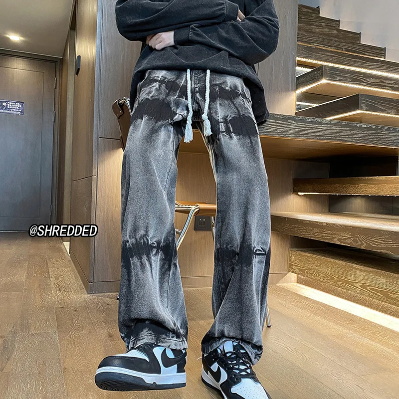 

2023 autumn American tie-dye vintage jeans men's fashion brand large size straight leg pants high street casual pants
