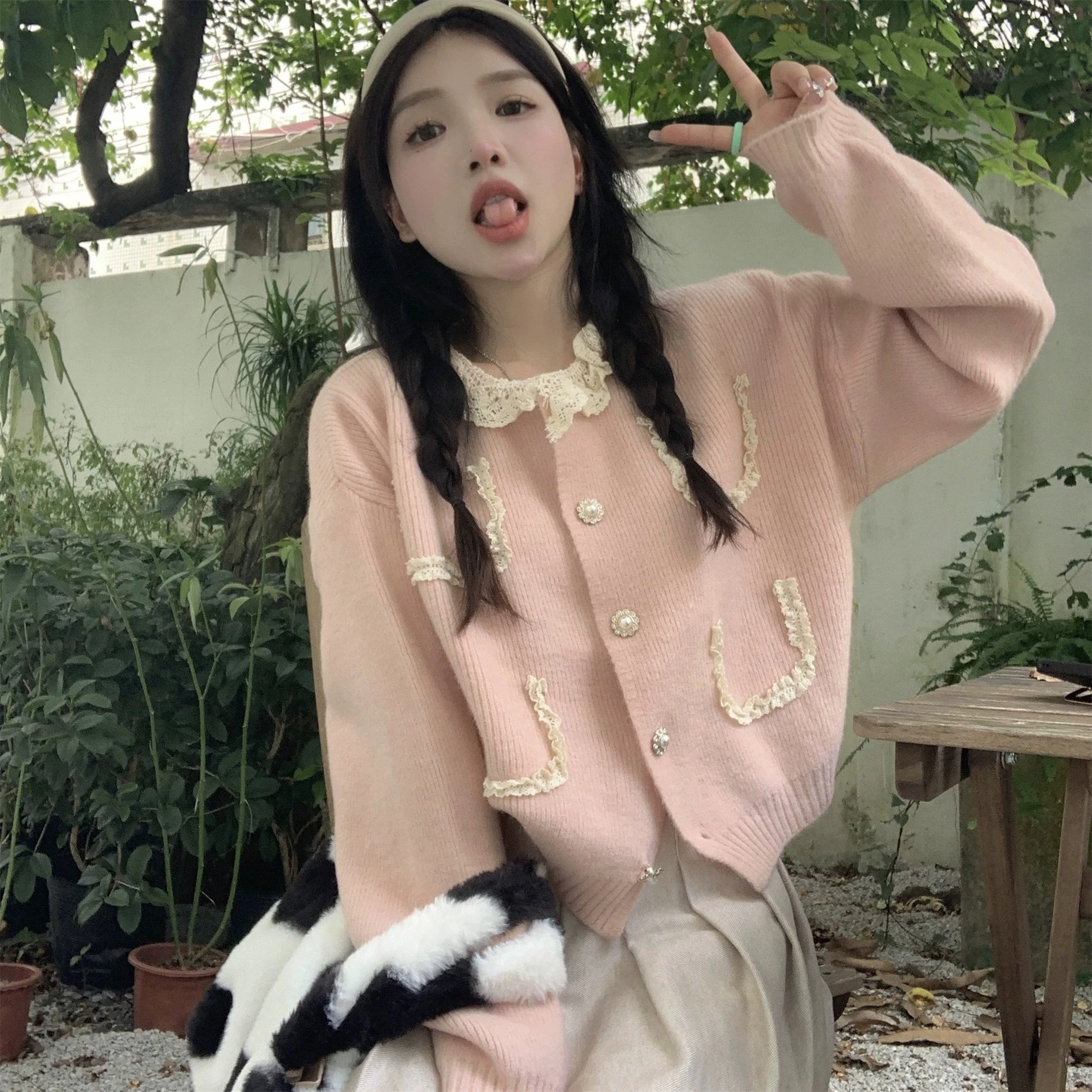 Вязаный кардиган женский осенне-зимний милый однобортный укороченный с