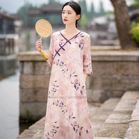 2022 chinese retro casual floral printing cheongsam dress elegant loose lady cotton linen cheongsam dress oriental qipao dresss