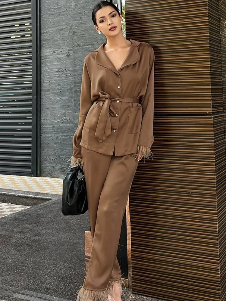 

Linad Feathers Women's Home Clothes 2 Piece Sets Brown Long Sleeve Sleepwear Female Casual Trouser Suits 2023 Spring Fashion