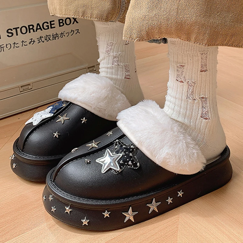 

Winter Women Warm Slipper Personalized Star Decoratio Short Plush Fur Non-Slip Female Home Bedroom Slippers Casual Shoes 36-41