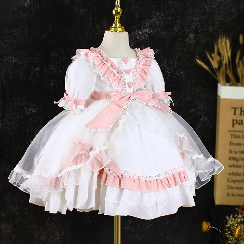 

Spanish Style Prom Dress for Girls Summer New Kids Fashion Lolita Princess Dress Pink Short Sleeve Mesh Children Sweet Clothing