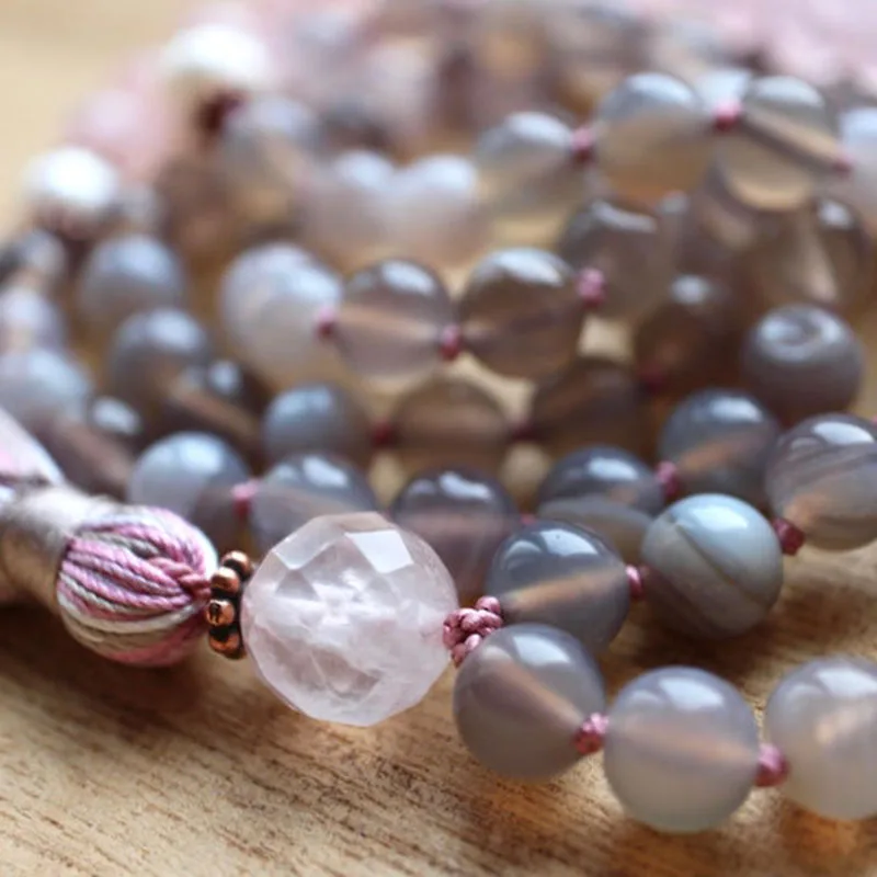 8 мм розовый Q-uartz серый A-gate Mala 108 медитационные бусины ожерелья для женщин