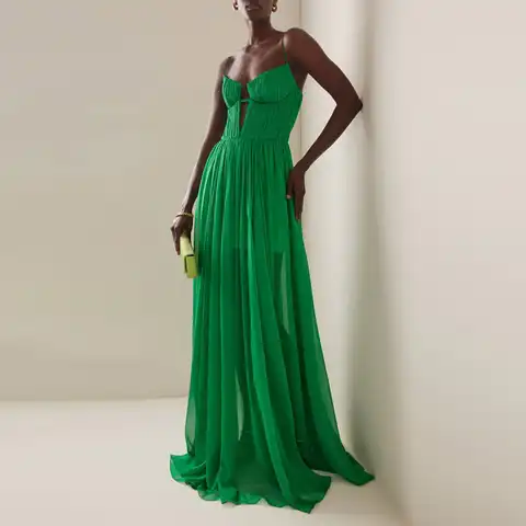 Sexy Off Shoulder Sling Party Dress Elegant Summer Mesh Liner Formal Occasion Dress Women Solid Backless Pleated Evening Dress