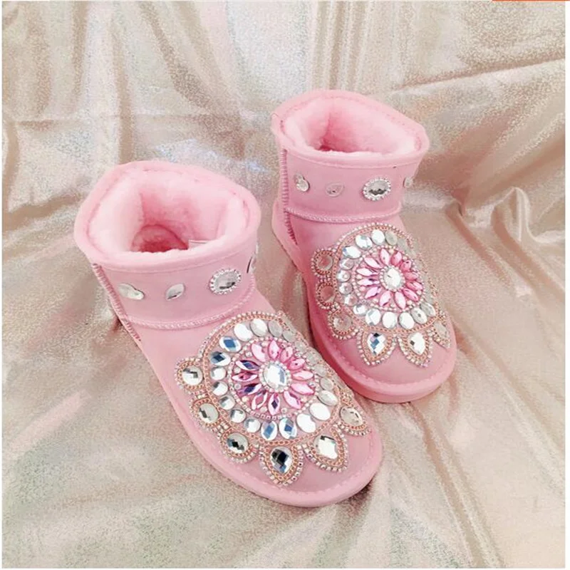 

Handmade rhinestone DIY leather snow boots women's thickened short tube cute pink warm and comfortable 35-44