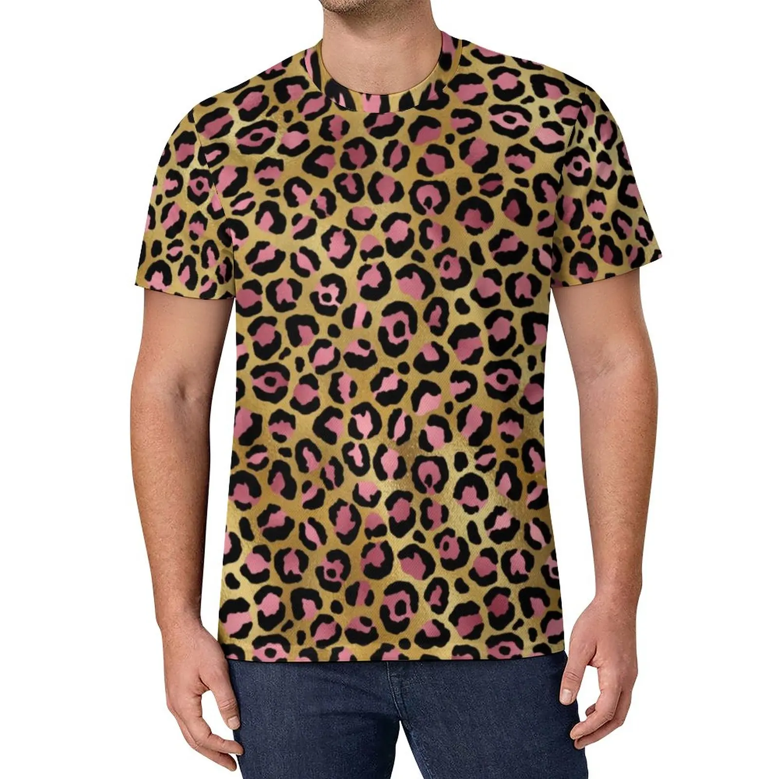 

Золотисто-розовая леопардовая футболка, мужские милые футболки с животным принтом, летняя футболка в стиле хиппи, Индивидуальные топы боль...