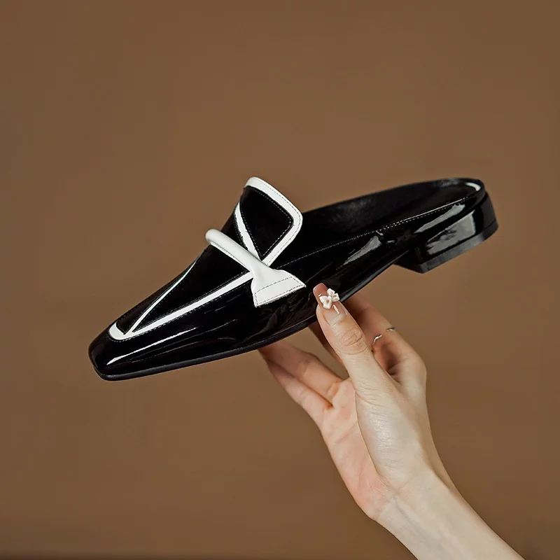 ZVQ Good Quality Slippers Woman Square Toe Thick Low Heel Summer New Style Full Genuine Leather Strap Decoration Casual Shoes