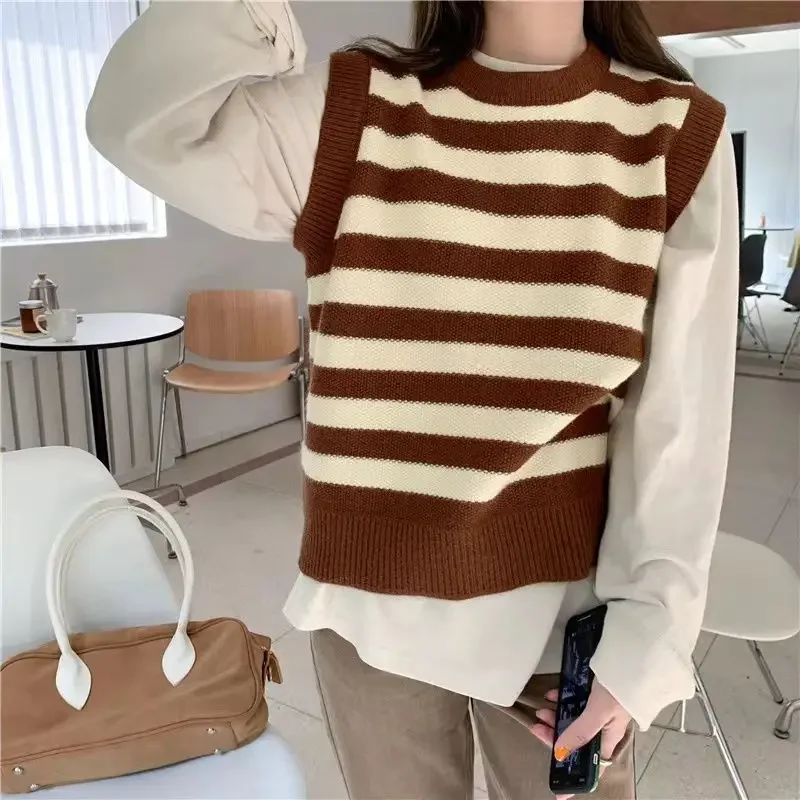 Sweater Vests Women Classic Striped Minimalist Panelled Basic Loose Korean Style Casual Students Autumn Knitwear Popular Design