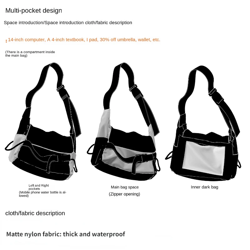 Black Crossbody Bag for Women Nylon Canvas Teenage Students Schoolbag Casual Large Capacity Shoulder Messenger Bag Unisex