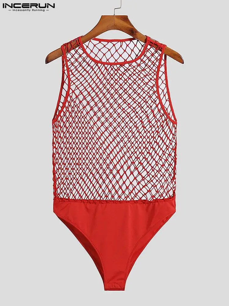 

INCERUN Men Bodysuits Mesh Patchwork See Through Sexy Underwear O-neck Sleeveless Romper Pajamas 2022 Fitness Men Bodysuit S-5XL