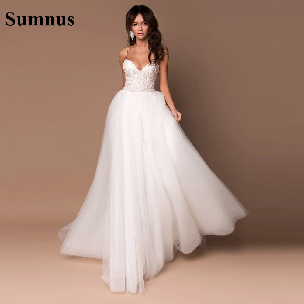 

Sumnus Modern White Wedding Dresses Women Spaghetti Strap Tulle Boho Sleeveless Princess Bridal Dress Party Gowns