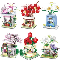 mini building blocks toy flower street view rose orchid cherry blossom shop model building blocks children diy assembled toys