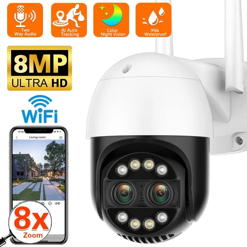 

8MP Dual Lens WIFI IP Camera Outdoor 8X Zoom 4K HD PTZ Camera AI Auto Tracking 2K 4MP Security CCTV Surveillance Camera iCSee