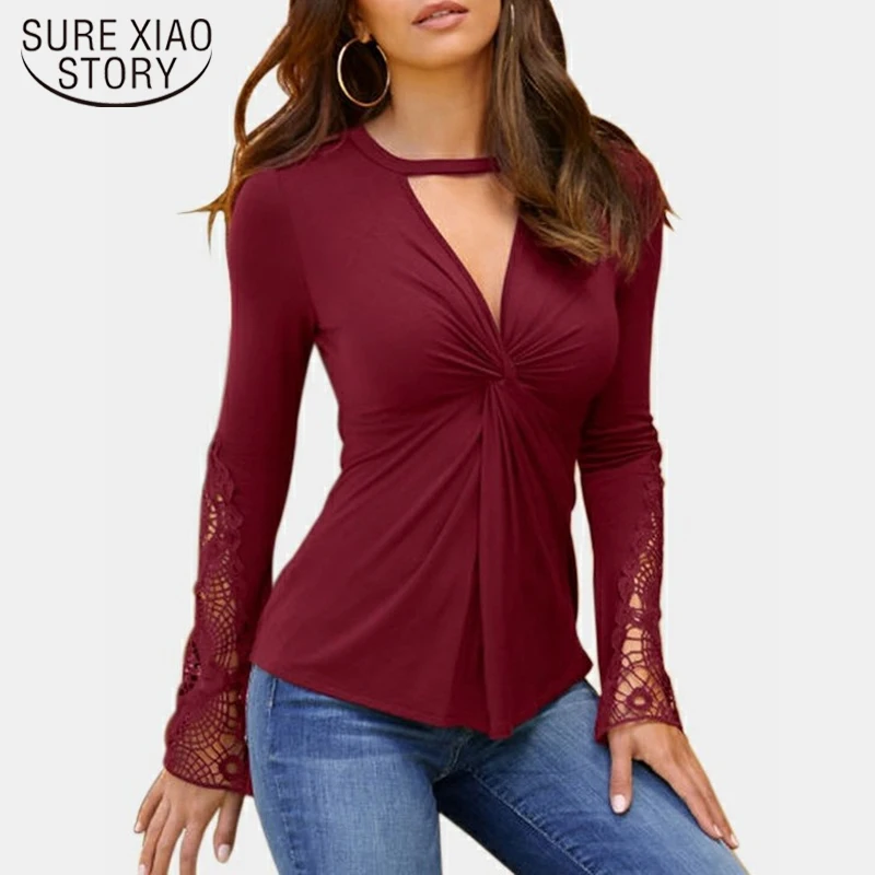 

2022 Spring New Explosions Women's Deep U Lace Personality Splicing Long Sleeve Bottoming Shirt Casual Slim Women Blouse 19069