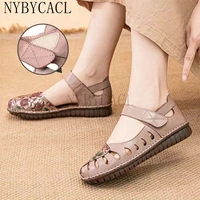 new women bohemian vintage style flat heels sandals summer slingback round close toe shoes woman printed genuine leather 2022