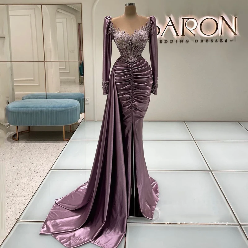 

Thinyfull Sexy Prom Evening Dresses Long Sleeve Mermaid Party Dress 2022 High Split Beadings Cocktail Gowns Saudi Arabia Dubai