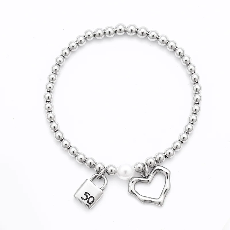 Fashion Stainless Steel Silver 6mm Bead Bracelet Female Heart Lock Pendant Pearl Bracelet Letter UNO Jewelry Men